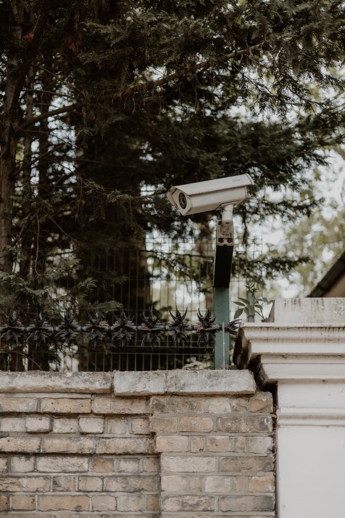 Surveillance camera mounted on a brick wall in London, United Kingdom, amidst greenery.