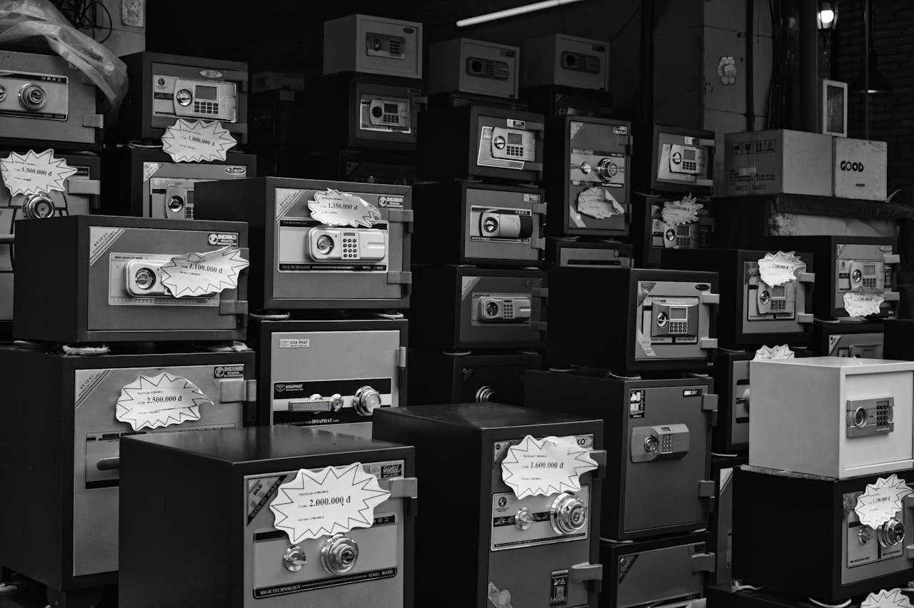 Monochrome photo of stacked safes with price tags in a store setting.